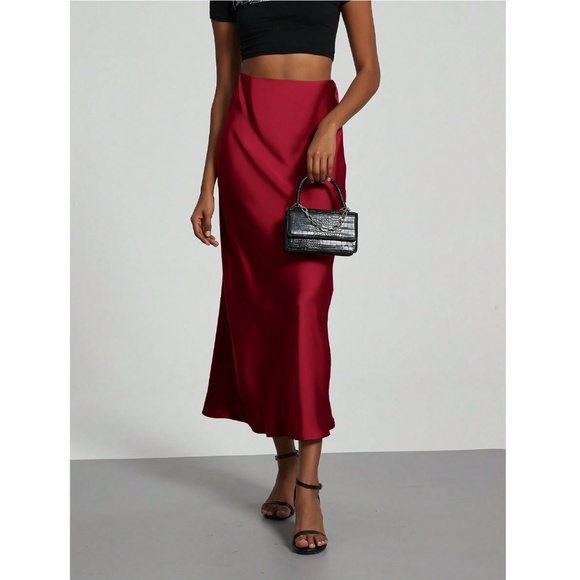 Burgundy Satin A-Line Skirt High Waisted Long - Picture 6 of 9